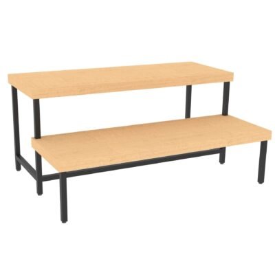 Tiered retail display table from Shop2It Retail's Laney Collection. Shown here in the blonde maple finish option.
