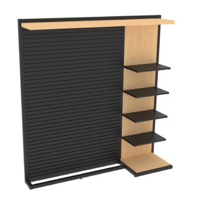 Wide retail display from Shop2It Retail's Laney Collection. Shown here in the blonde maple finish option.