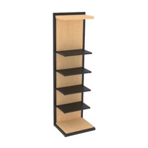 Narrow retail display measuring 21.5"x93.5"x18.18". Shown in the blonde maple finish option by Shop2It Retail.