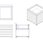 Combined image of a front view, side view, top view and simplified angled view of the Laney Collection's Produce Orchard Bin