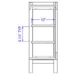 A side view of the Laney Collection Produce Spill Bin with a shelved base showing a shelf depth of 10" and a shelf height of 6.5".