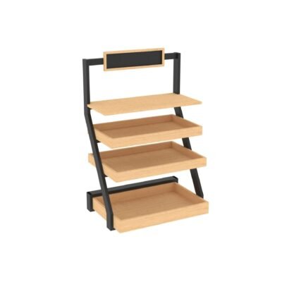 Small bakery display fixture with one shelf and three trays. Shown here in the blonde maple finish option.