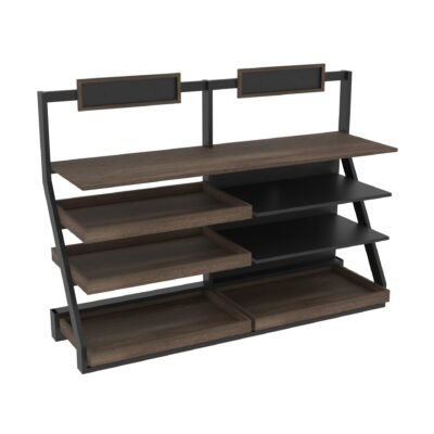 Large bakery display with a combination of trays and shelves from Shop2It Retail's Xander Collection. Shown here in the gray oak finish option.