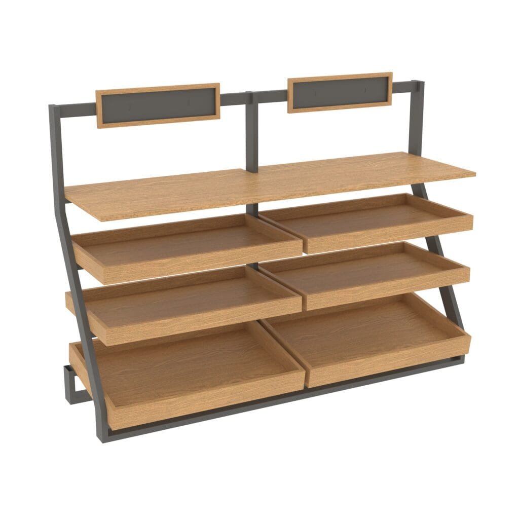 Produce endcap display from Shop2It Retail's Xander Collection. Shown here in the brown oak finish option.