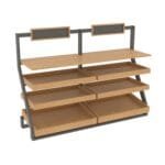 Produce endcap display from Shop2It Retail's Xander Collection. Shown here in the brown oak finish option.