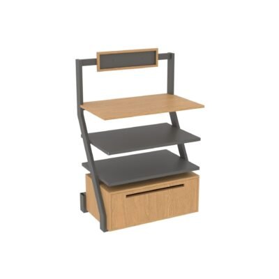 Small bakery display fixture with a wooden drawer from Shop2It Retail's Xander Collection. Shown here in the brown oak finish option.