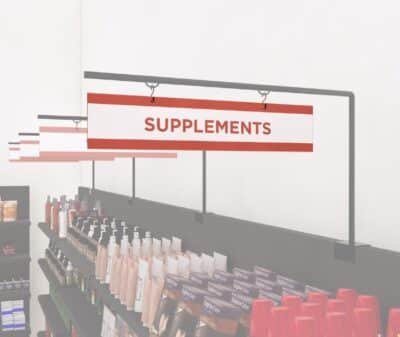 Health and beauty aisle outrigger pendants from the Iconic Collection's Cheerful color option.