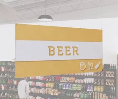 Beer department sign from Shop2It Retail's Iconic Collection has cutout text that reveals color beneath and dimensional icons.