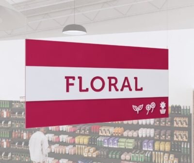 Floral Department Sign from Shop2It Retail's Iconic Collection has cutout letters, revealing color underneath, and dimensional icons.