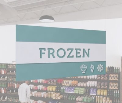 Frozen Department Sign from Shop2It Retail's Iconic Collection has cutout text to reveal color underneath and dimensional icons.