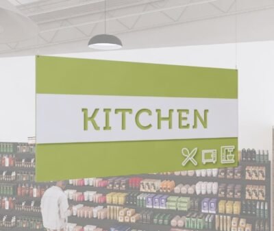 Kitchen Department Sign from Shop2It Retail's Iconic Collection has cutout text, revealing color underneath and dimensional icons.