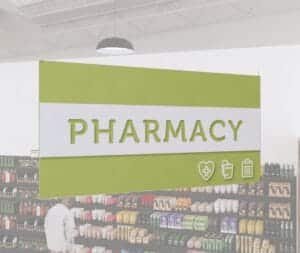 Tall Pharmacy Department Sign is perfect for high ceiling conditions with its bold cut-out text and dimensional icons.