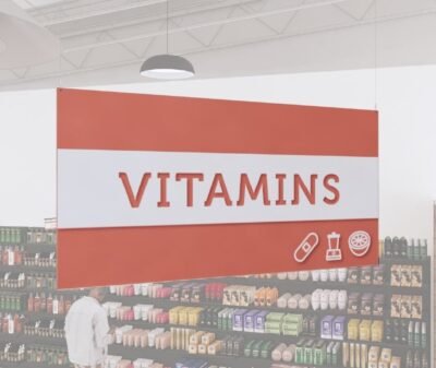 Tall department sign for the vitamins section from the Iconic Collection's cheerful color option.