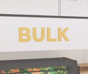 Department sign wall copy for the bulk department from the iconic collection's cheerful color selection.