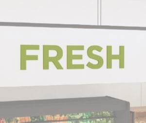 department sign dimensional wall copy for produce department with text "Fresh" from the Iconic Collection's Cheerful color selection.
