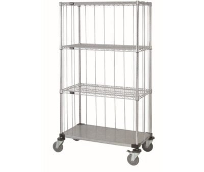 4-Tier Chrome or Galvanized Mobile enclosed cart that is 36" wide by 18" deep and 69" high.