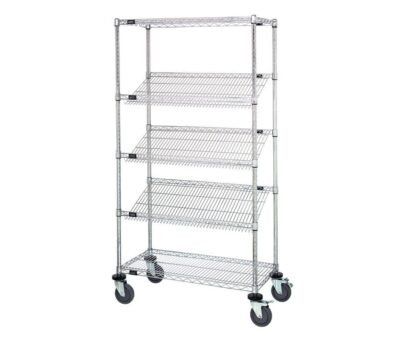 5- Tier chrome mobile cart that is 36" wide by 18" deep and 63" high.