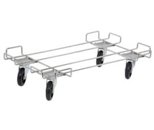 Stainless steel chrome dolly base that is 36" wide and 20" deep that can hold up to 800 lbs.