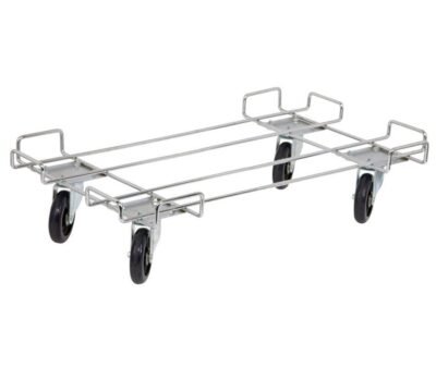 Stainless steel chrome dolly base that is 36" wide and 20" deep that can hold up to 800 lbs.