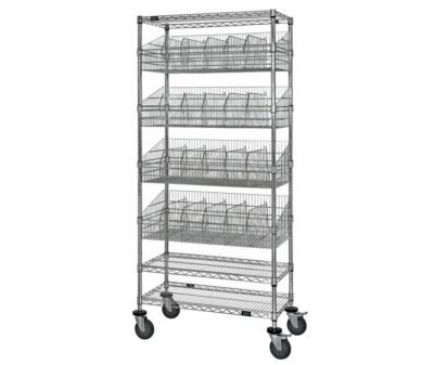 Wire shelf bin organizers that are mobile baskets.