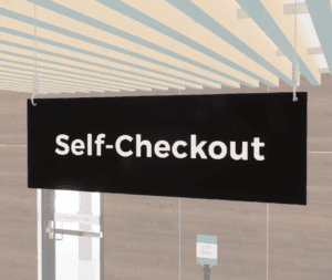 Self-checkout sign with a black background and white text. Double sided sign from Shop2It Retail.