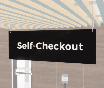 Self-checkout sign with a black background and white text. Double sided sign from Shop2It Retail.
