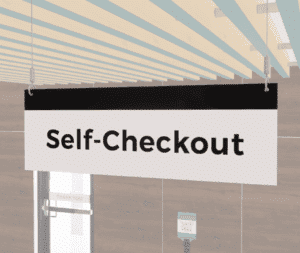 White Self-Checkout Sign with Black Text and A Black Stripe at the top. Double sided sign from Shop2It Retail.