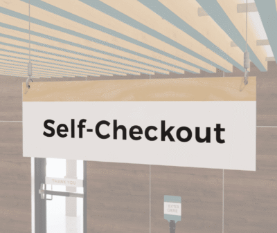 White Self-Checkout sign with black text and a woodgrain stripe at the top. double sided. from Shop2it Retail.